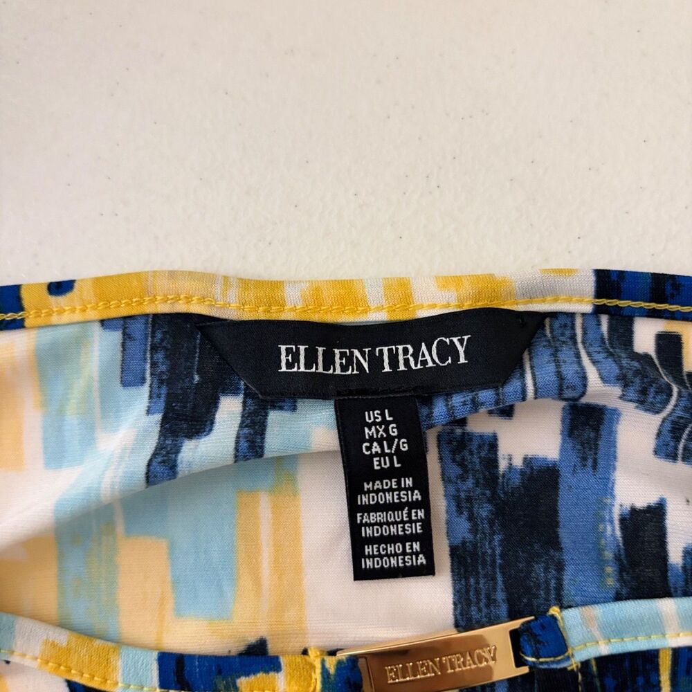 Ellen Tracy Blouse Women's Large Round Neck 3/4 Sleeve Colorful Keyhole Top - Picture 6 of 8